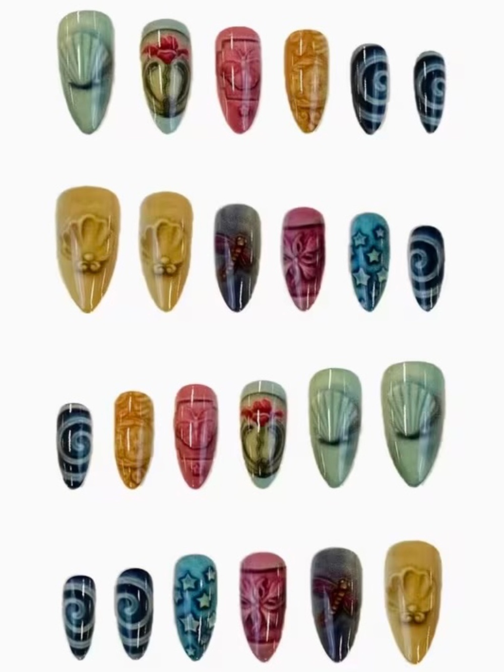 24 Pc Medium Press On Nails Seashell Dragonfly Celestial Boho Art